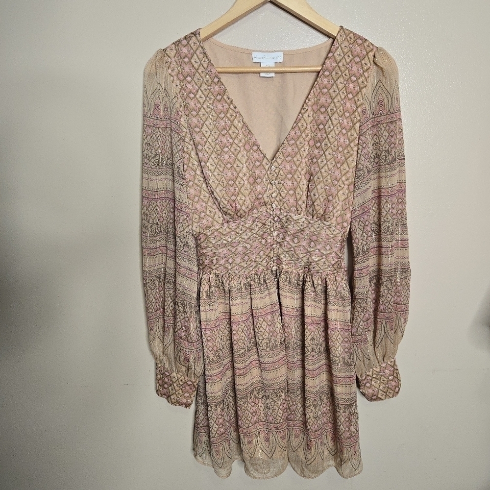 House of Harlow 1960 Shona Joy V-Neck Metallic Smocked Mini Dress